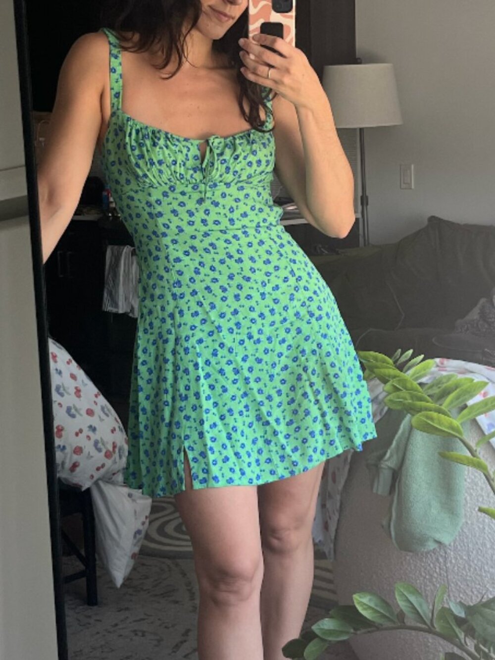 ASTR The Label Sweetheart Neck Open Back Mini Dress - Green Blue Floral